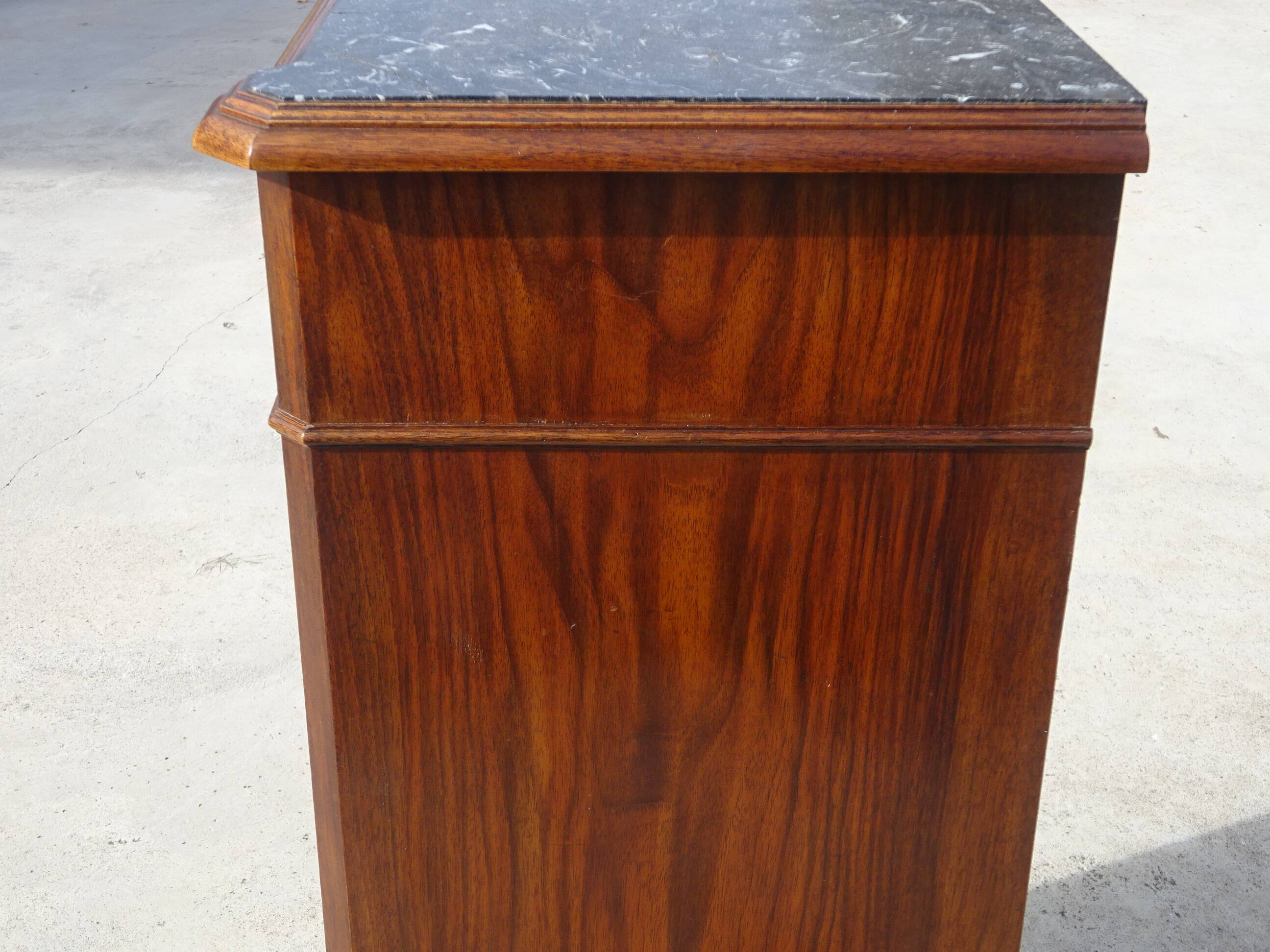 Nightstand with false drawers in walnut and marble, Louis Philippe