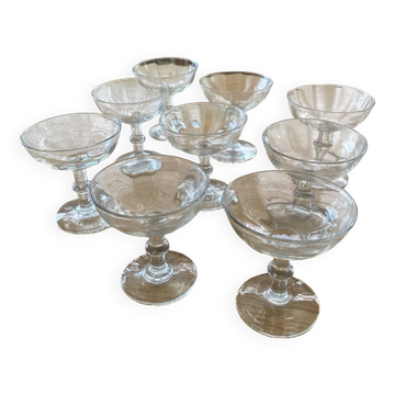 9 antique champagne glasses