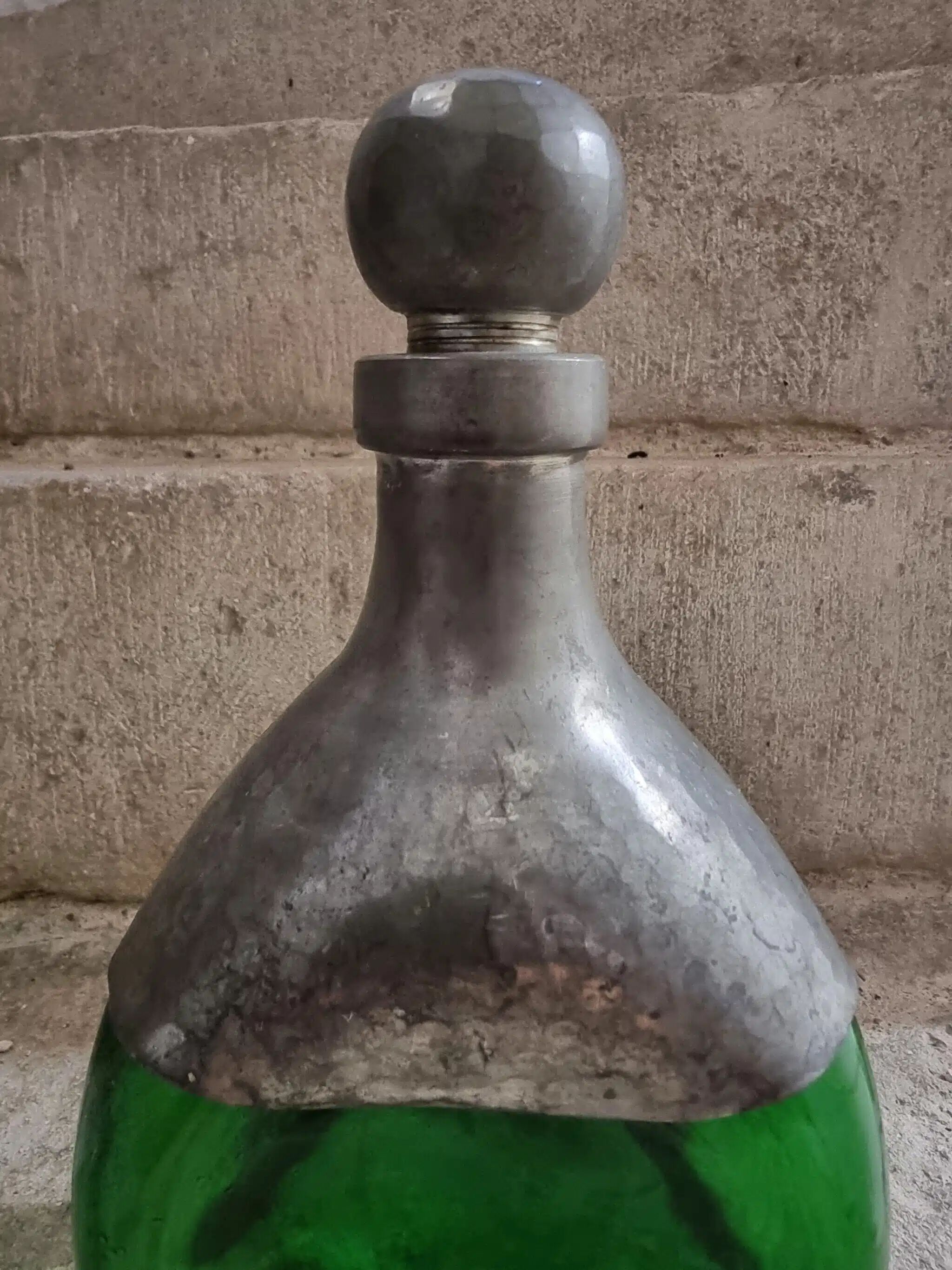 Vintage French green glass and pewter carafe - 1930s handcrafted bottle with stopper