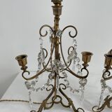 Pair of lamps, 3-light candlesticks, shabby chic, glass tassels, pendants, pleated fabric lampshade