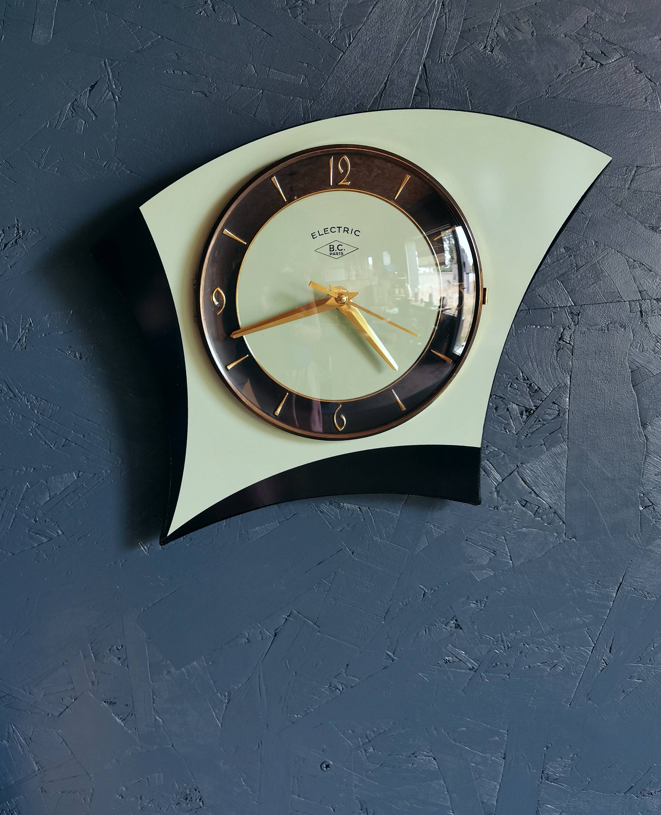 Vintage formica clock asymmetrical silent wall clock "BC Paris electric black green"