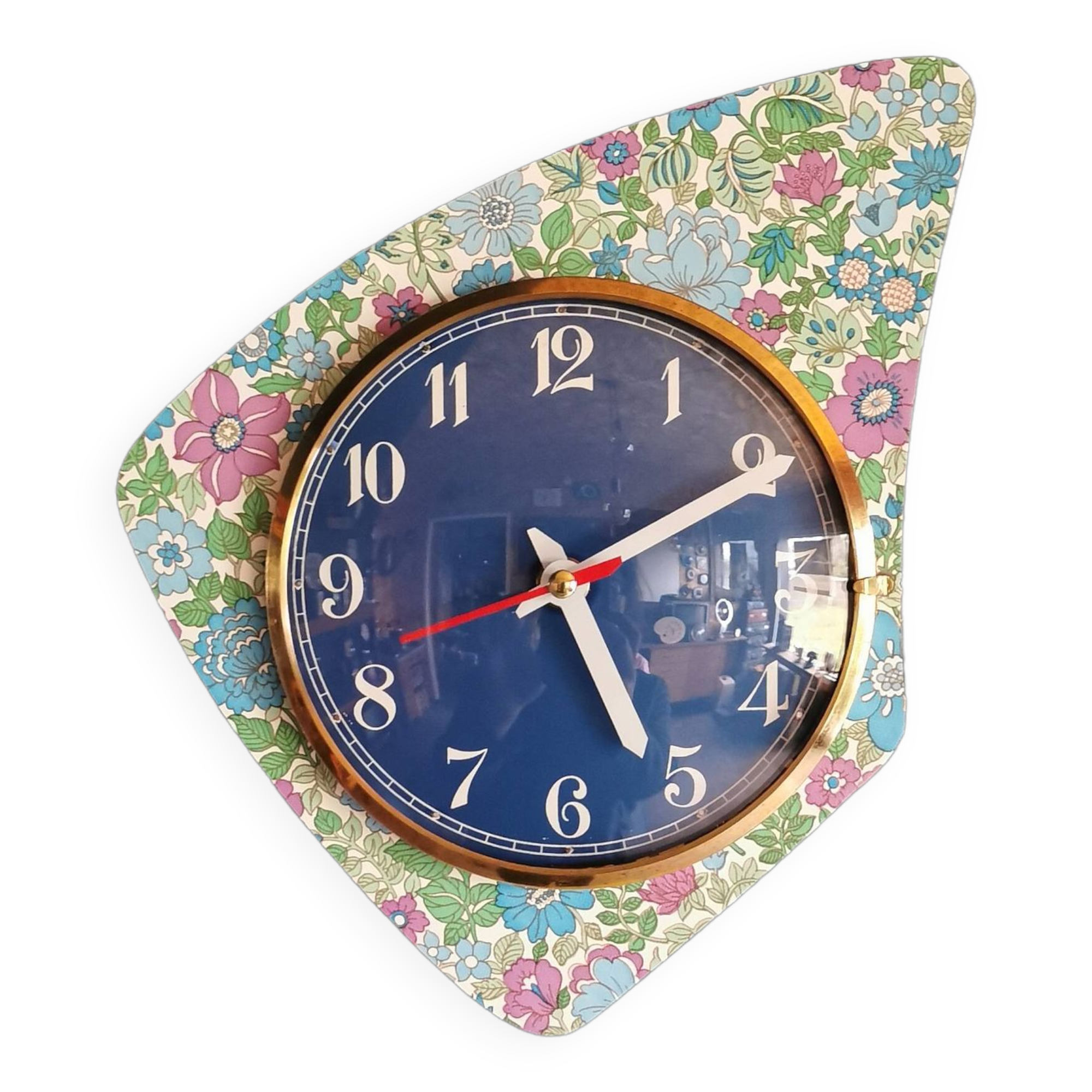 Vintage formica clock silent asymmetrical wall pendulum "Blue purple green flowers"