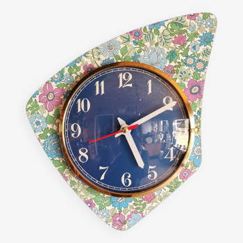 Vintage formica clock silent asymmetrical wall pendulum "Blue purple green flowers"