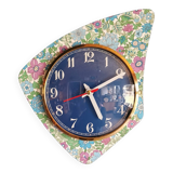 Vintage formica clock silent asymmetrical wall pendulum "Blue purple green flowers"