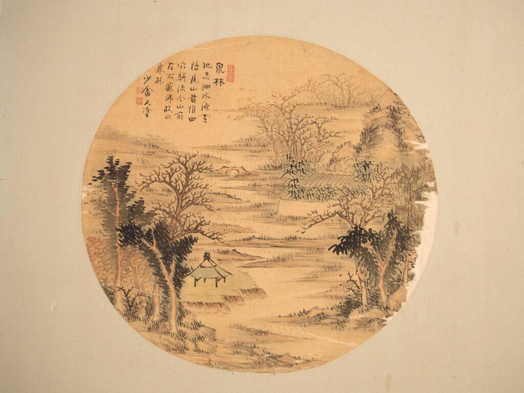 Antique Japanese folding screen with two panels featuring paintings – Japan, circa 1900