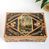 Boîte ancienne artisanale en marqueterie de paille, années 1920