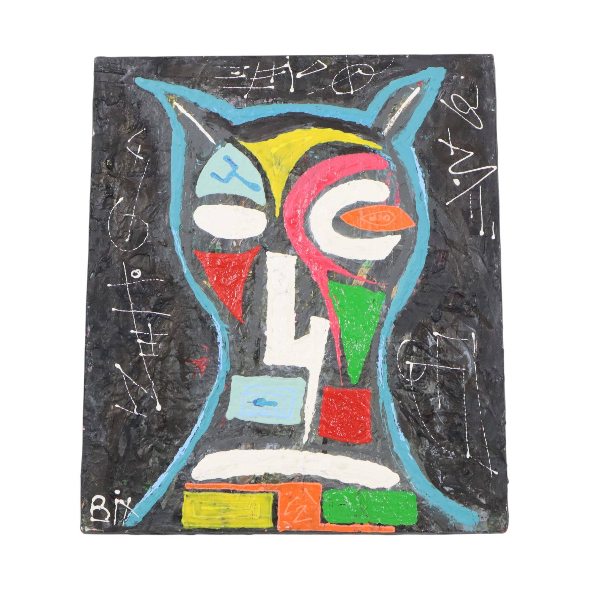 Abstract Owl Painting on Canvas – Contemporary Art – 55 cm