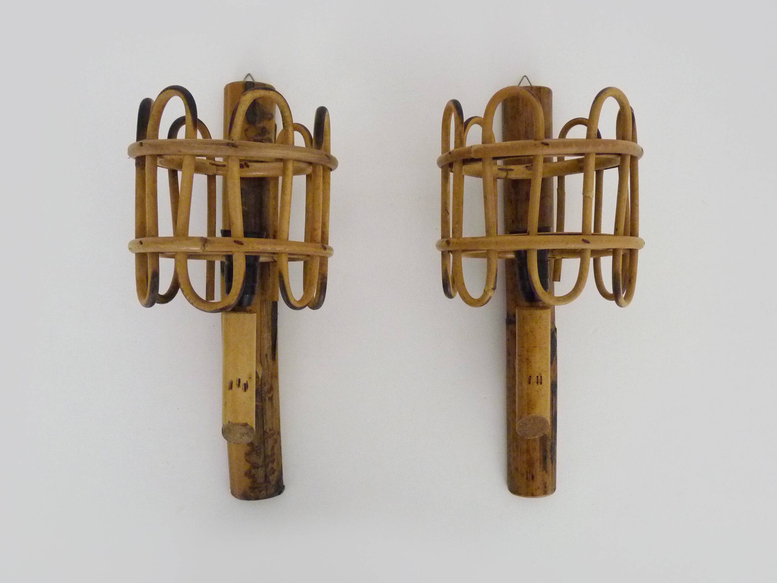 Pair of rattan bamboo lantern wall lights. 1950s-1960s