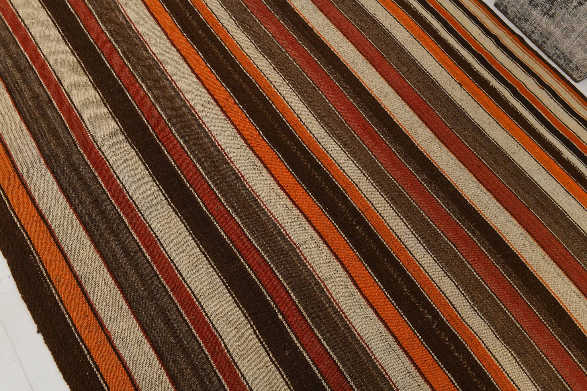 Tapis kilim turc en laine à rayures multicolores 7x8, 195x259 cm
