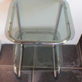 Side table end of sofa vintage chrome and smoked glasses 1970