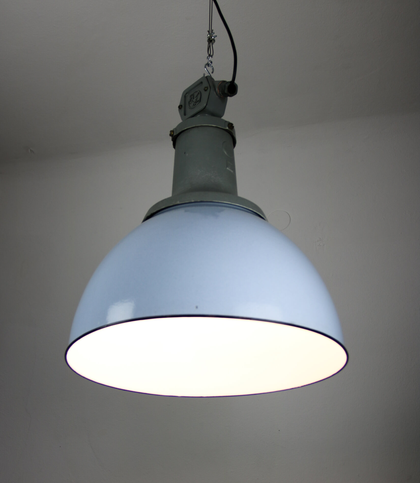 Vintage light blue enamel industrial factory pendant light from ElKo, 1960s