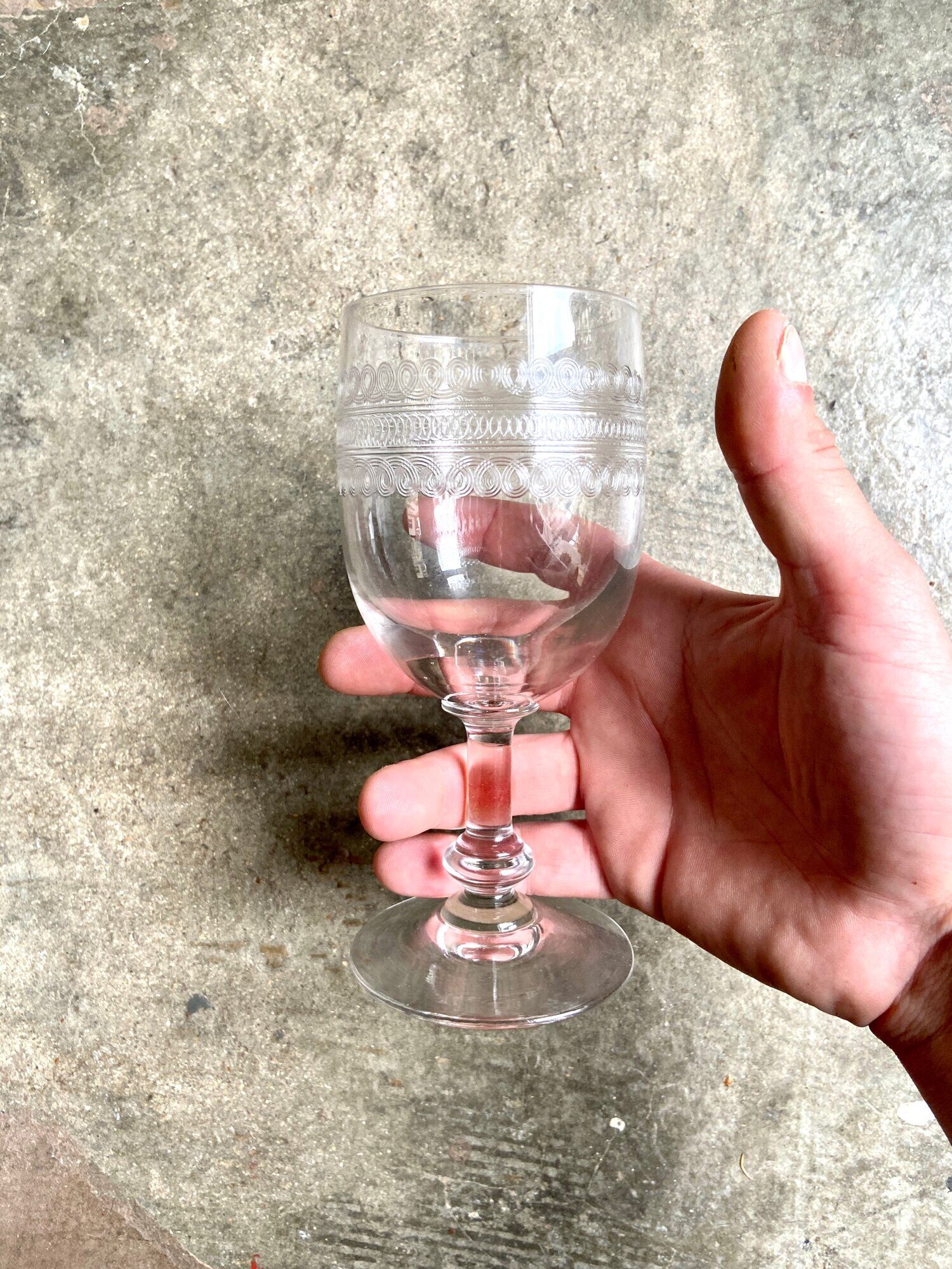 5 engraved glass stemmed glasses