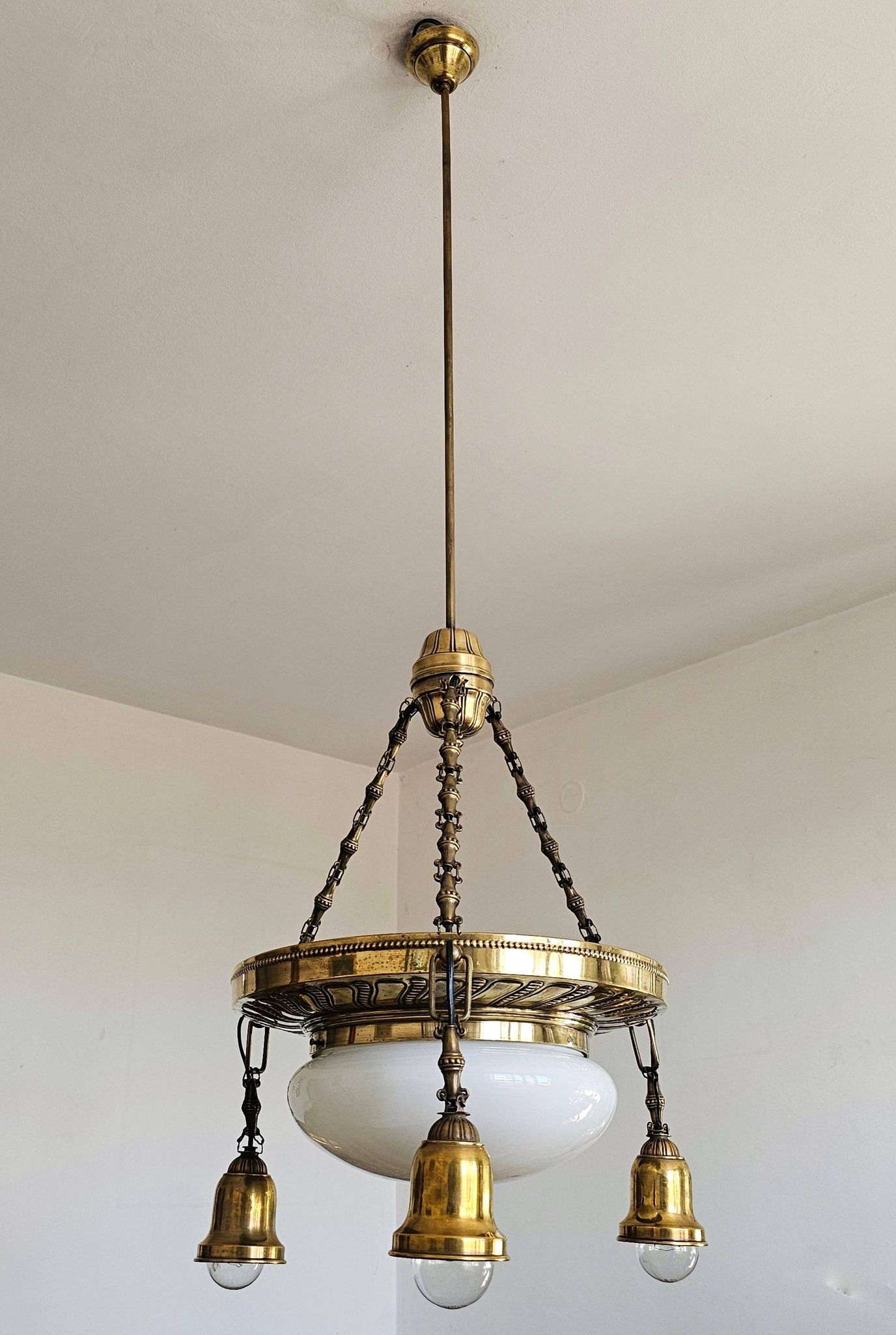 Polished Brass Art Nouveau Chandelier with Opaline Glass Dome