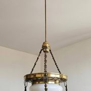 Polished Brass Art Nouveau Chandelier with Opaline Glass Dome