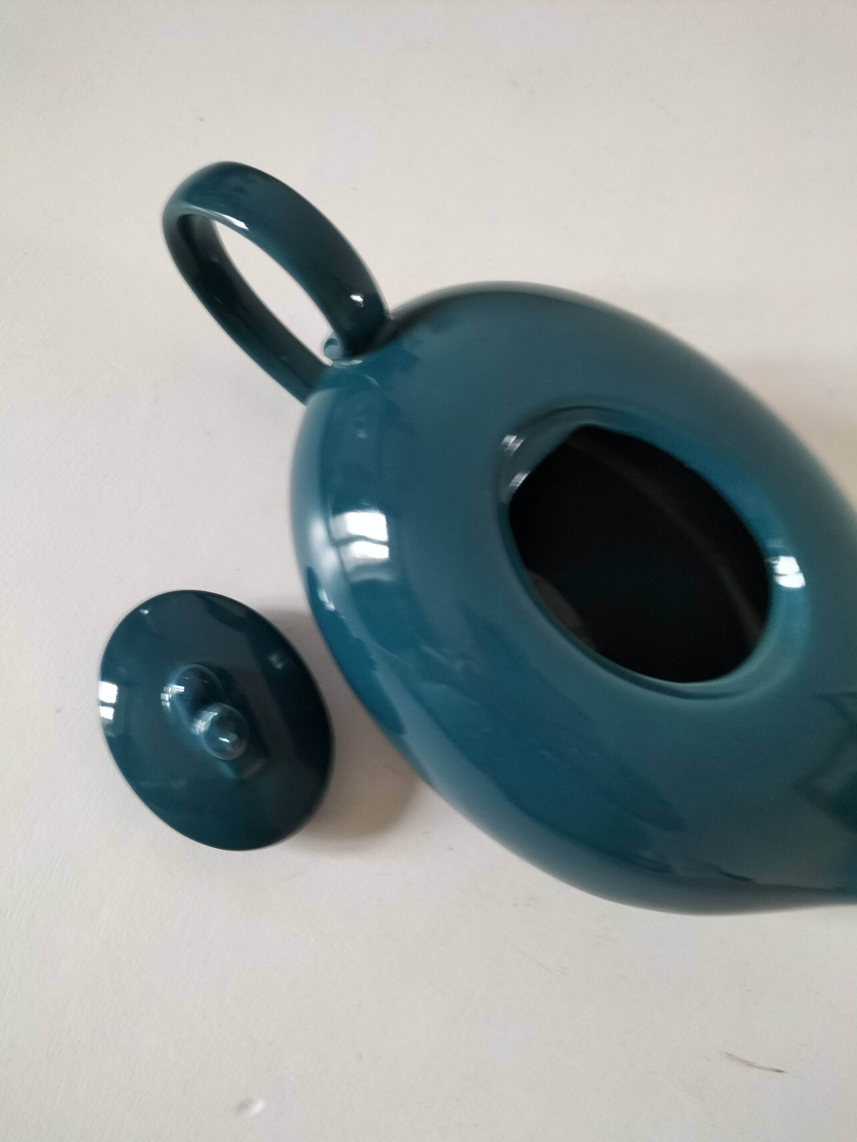 Vintage design teapot – cat model – duck blue glazed ceramic