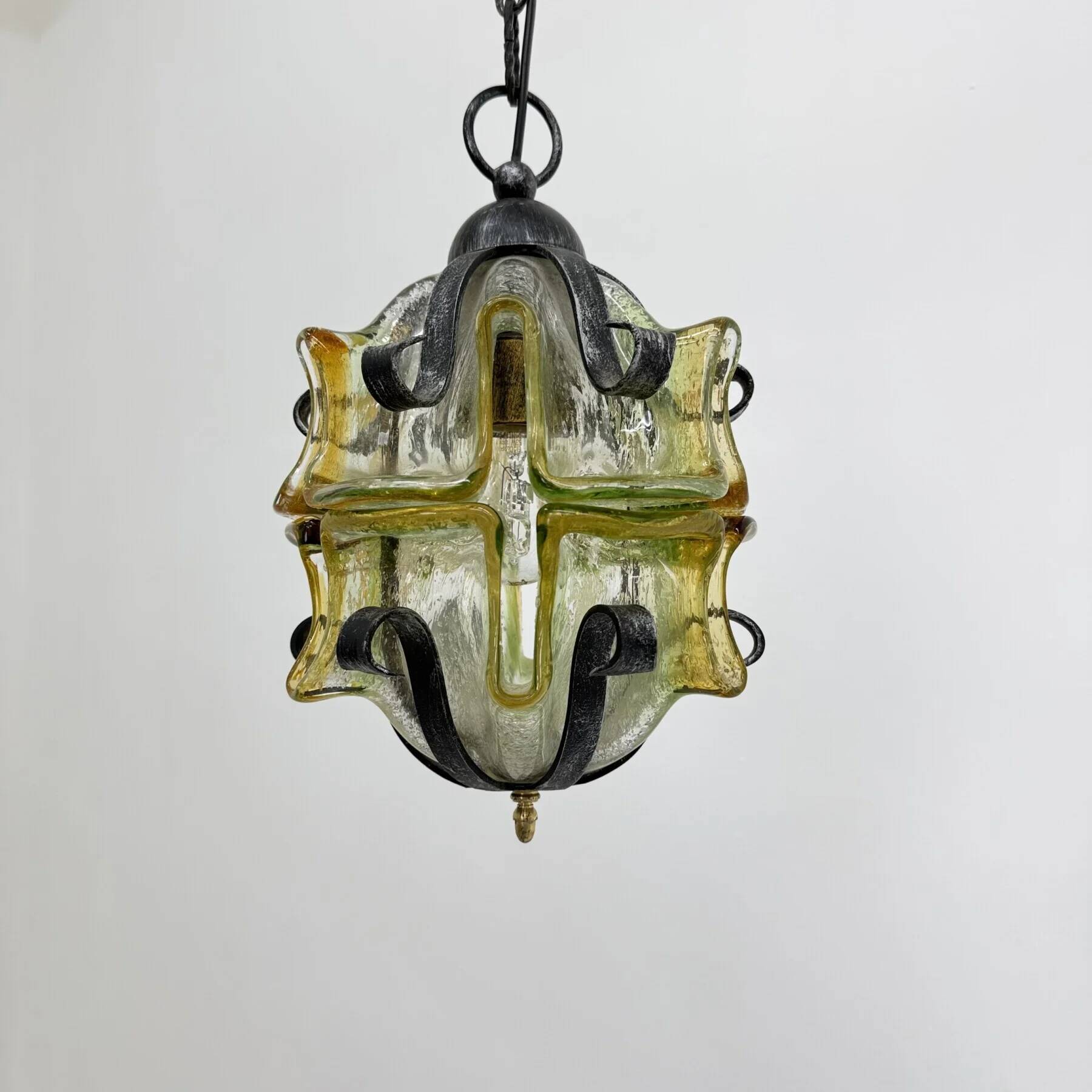 Brutalist glass and iron hanging lamp, 1970s