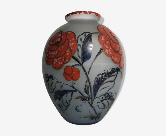 Old blue glass ball vase - drawing roses belval vintage | Selency