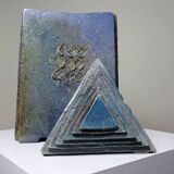 Large triangular raku box, handcrafted, signed, vintage 90s