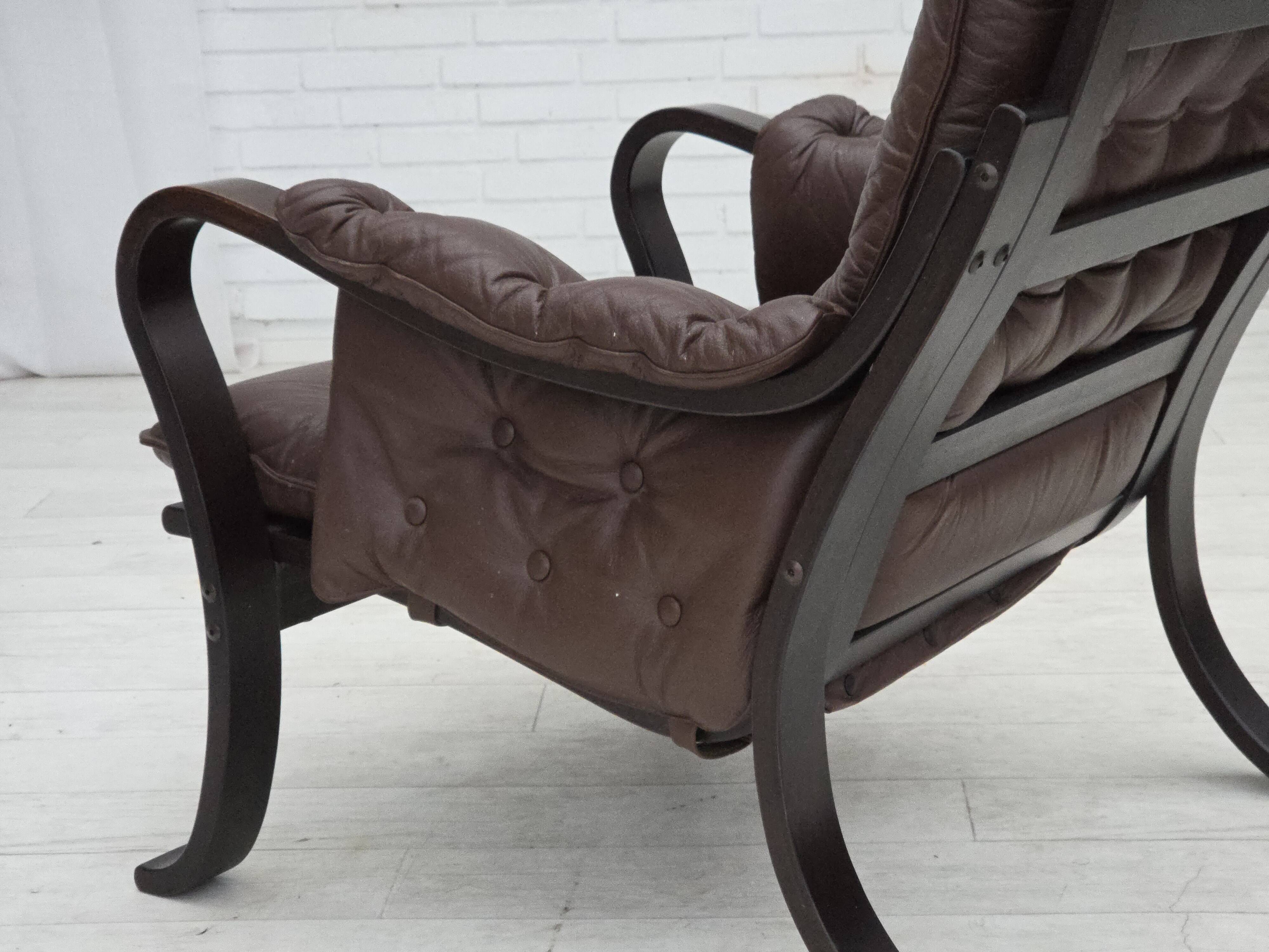 1970s, Scandinavian vintage design, armchair, brown leather, bent wood.