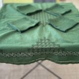 Convent tablecloth and its 4 openwork towels tinted fir green - 115x115cm -mixed linen & cotton