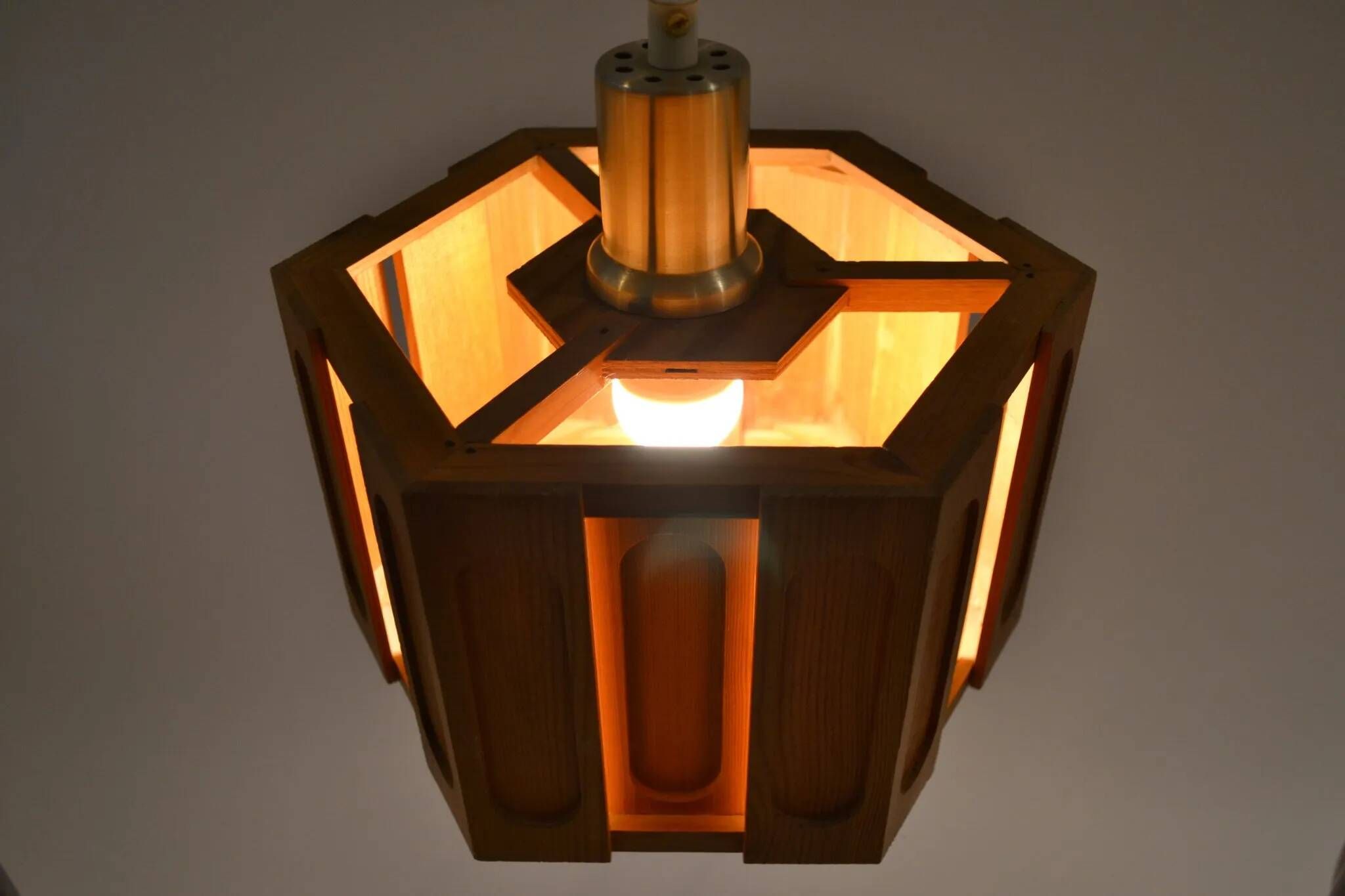 Hexagonal Architectural Pine Pendant Lamp, Sweden, 1970s