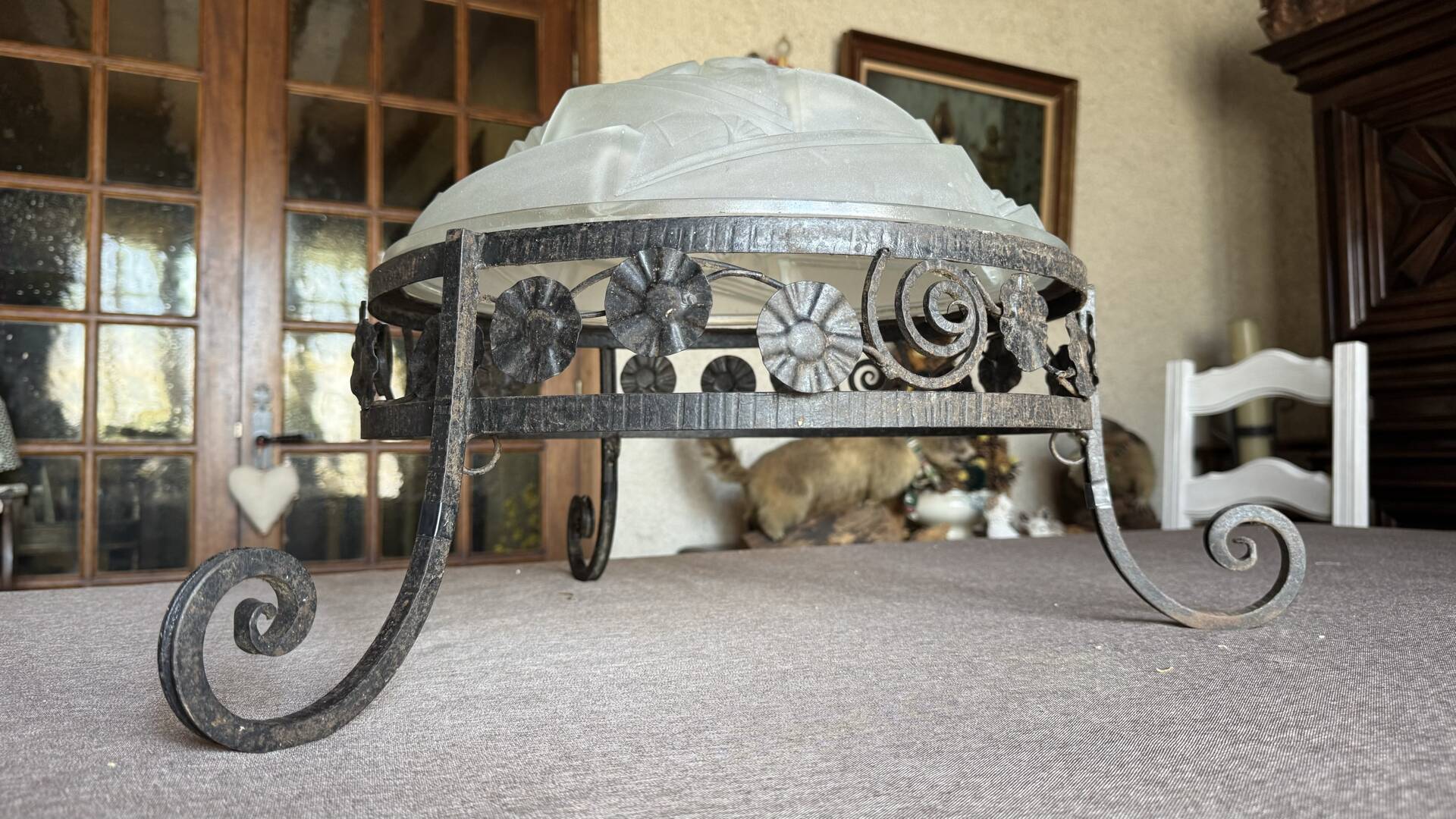 Art Deco ceiling light with wrought iron support