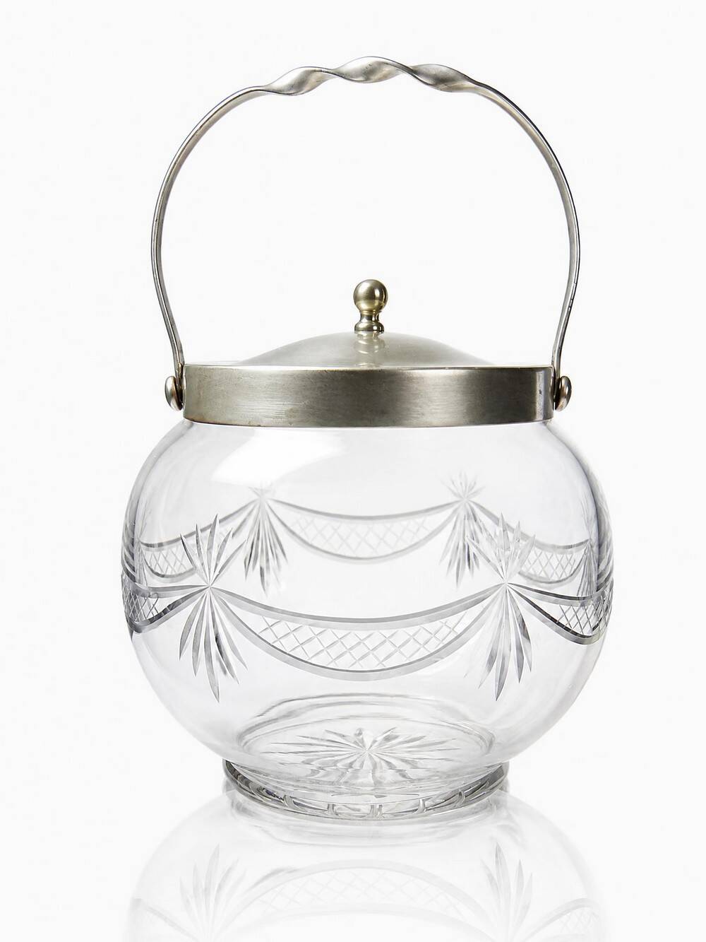 Pot/bowl with a bubble design, antique engraved crystal from Bohemia and silver-plated metal, 1920-1940.