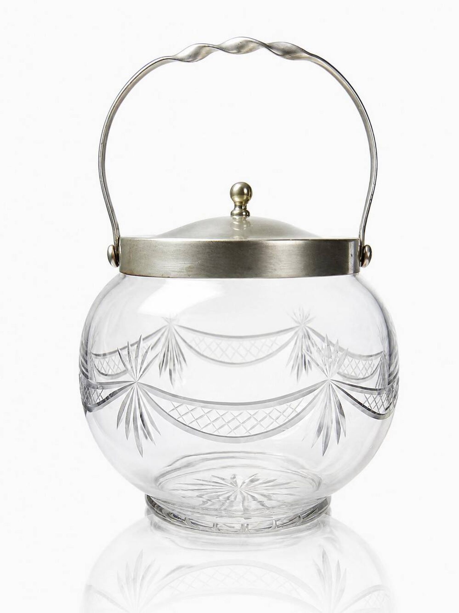 Pot/bowl with a bubble design, antique engraved crystal from Bohemia and silver-plated metal, 1920-1940.