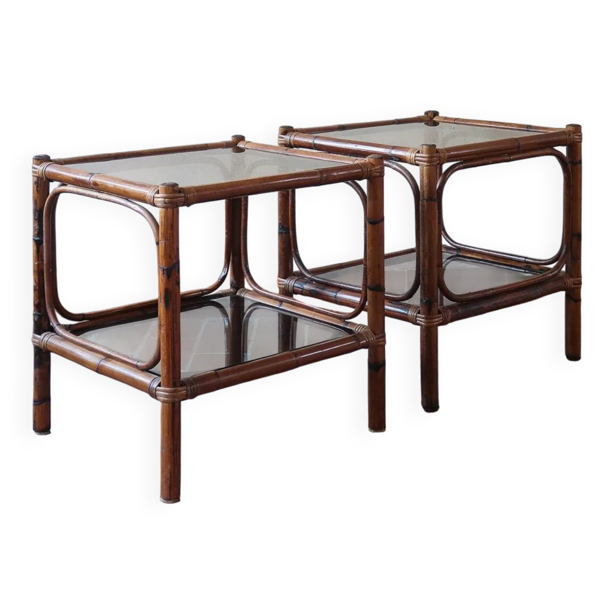 Pair of bamboo and rattan bedside tables, smoked glass tops.