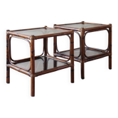Pair of bamboo and rattan bedside tables, smoked glass tops.