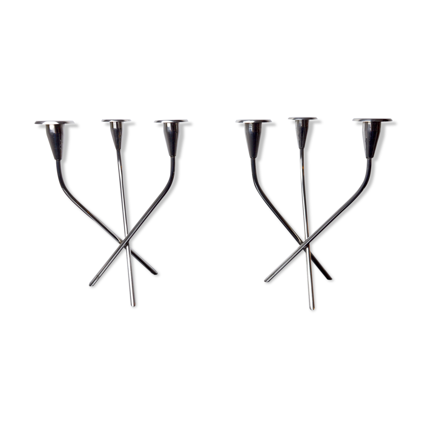 Pair of Scandinavian 3-arm candlesticks in alpaca, Sweden, 1970