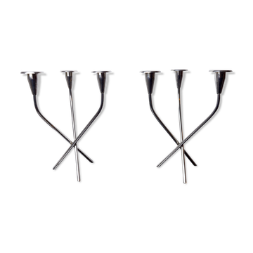 Pair of Scandinavian 3-arm candlesticks in alpaca, Sweden, 1970