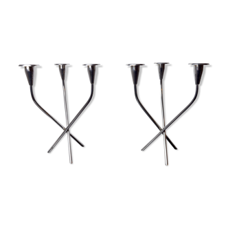 Pair of Scandinavian 3-arm candlesticks in alpaca, Sweden, 1970