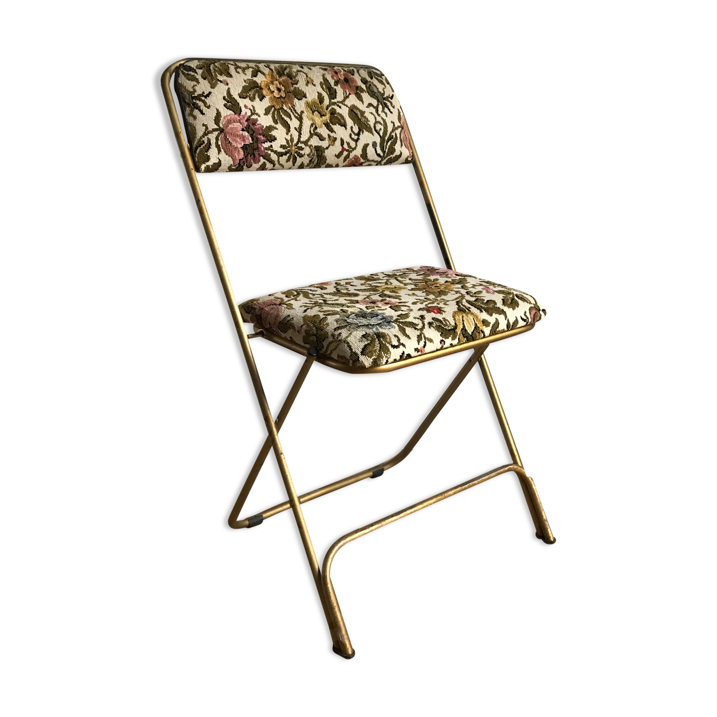 Chaise pliante vintage lafuma chantazur au tissu brodé fleuri