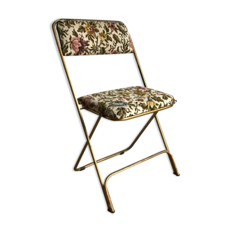 Chaise pliante vintage lafuma chantazur au tissu brodé fleuri