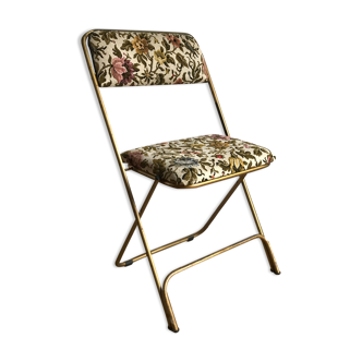 Vintage folding chair lafuma chantazur with floral embroidered fabric