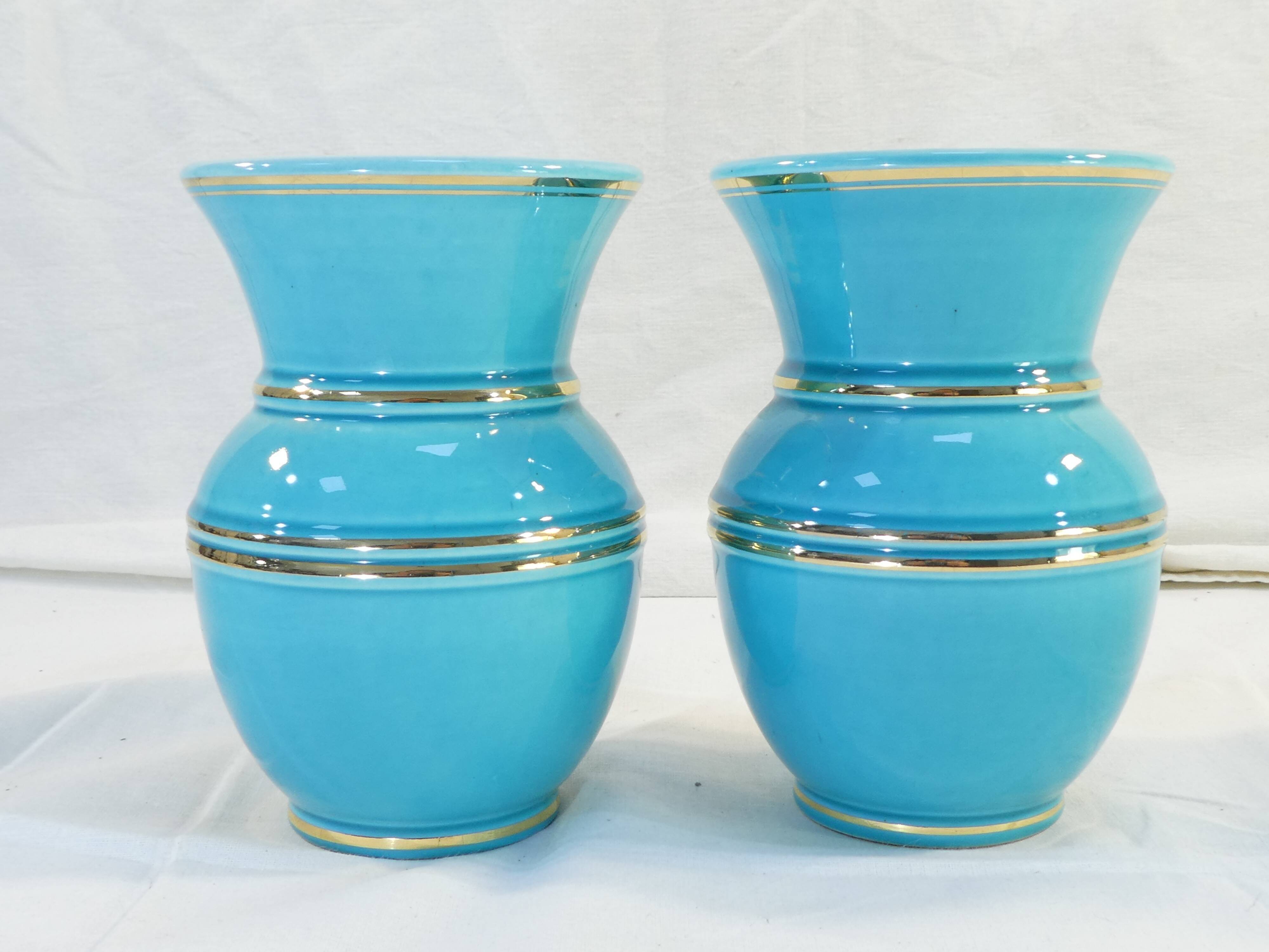 Pair of TURQUOISE BLUE AND GOLD VERCERAM vase