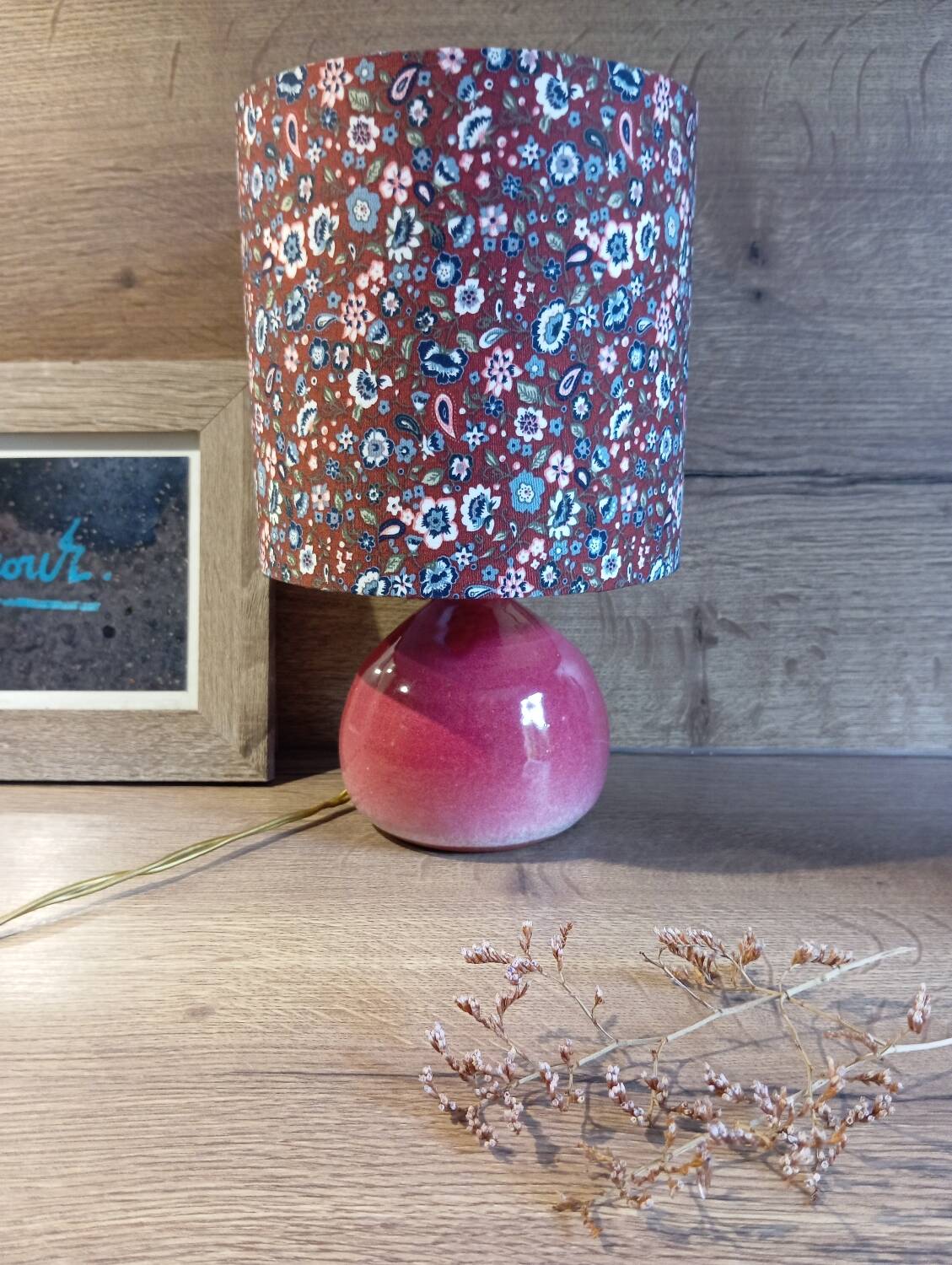 Vintage pink ceramic table lamp, Liberty flower lampshade