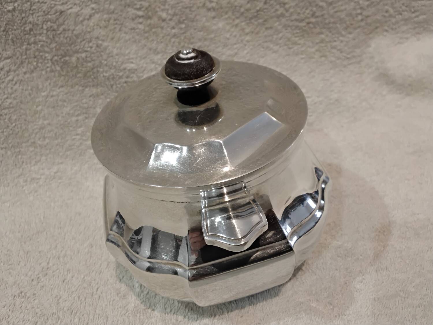 Silver metal sugar bowl in the 18th-century style by silversmith Christofle.