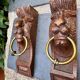 Pair of consoles, corbels, wooden and brass lion supports, 19th century.