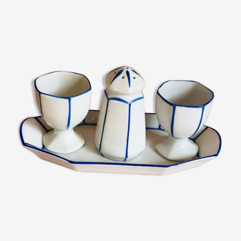 2 Coquetiers & Salière on Art Deco Plateau Blue & White earthenware