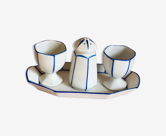 2 coquetiers & salière sur plateau art déco faïence bleu & Blanche