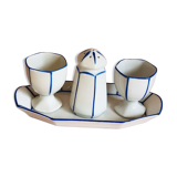 2 Coquetiers & Salière on Art Deco Plateau Blue & White earthenware