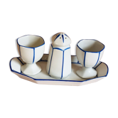 2 coquetiers & salière sur plateau art déco faïence bleu & Blanche