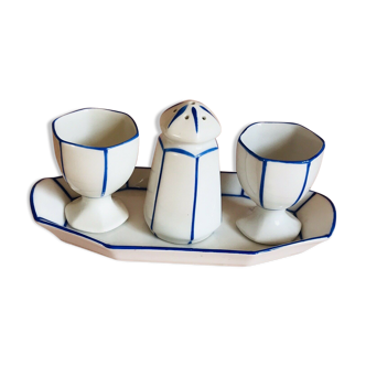 2 Coquetiers & Salière on Art Deco Plateau Blue & White earthenware