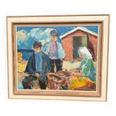 Huile sur toile originale suédoise – "Personnages au magasin de poissons" par Svend Nielsen – Signée – Vintage et encadrée – 62 × 53 cm (24,4" × 20,9")