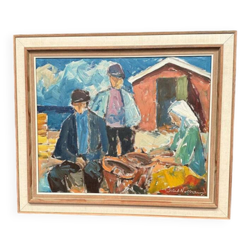Huile sur toile originale suédoise – "Personnages au magasin de poissons" par Svend Nielsen – Signée – Vintage et encadrée – 62 × 53 cm (24,4" × 20,9")