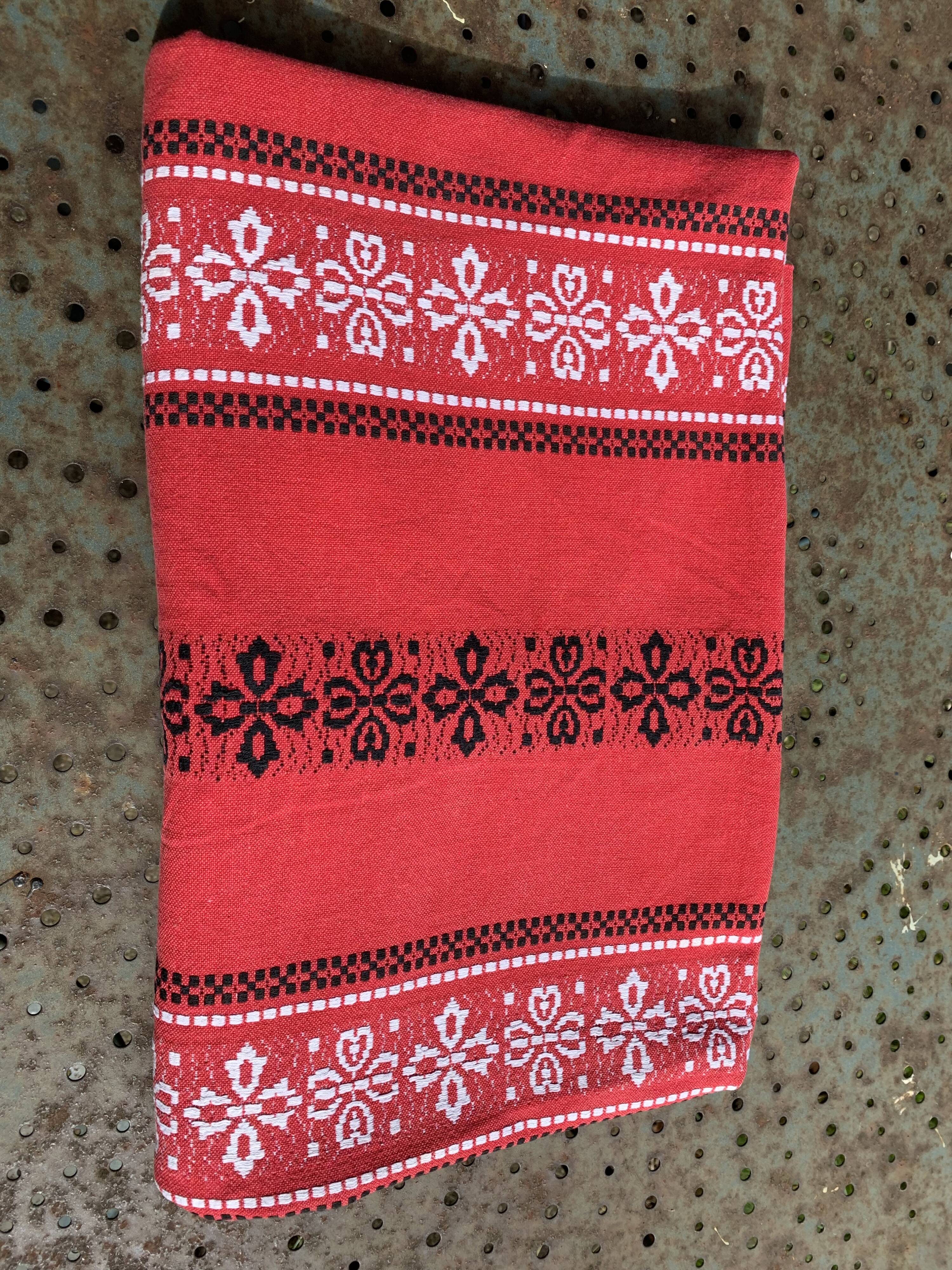 Rectangular tablecloth, Basque household linen in red cotton with black and white embroidery, vintage