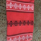 Rectangular tablecloth, Basque household linen in red cotton with black and white embroidery, vintage