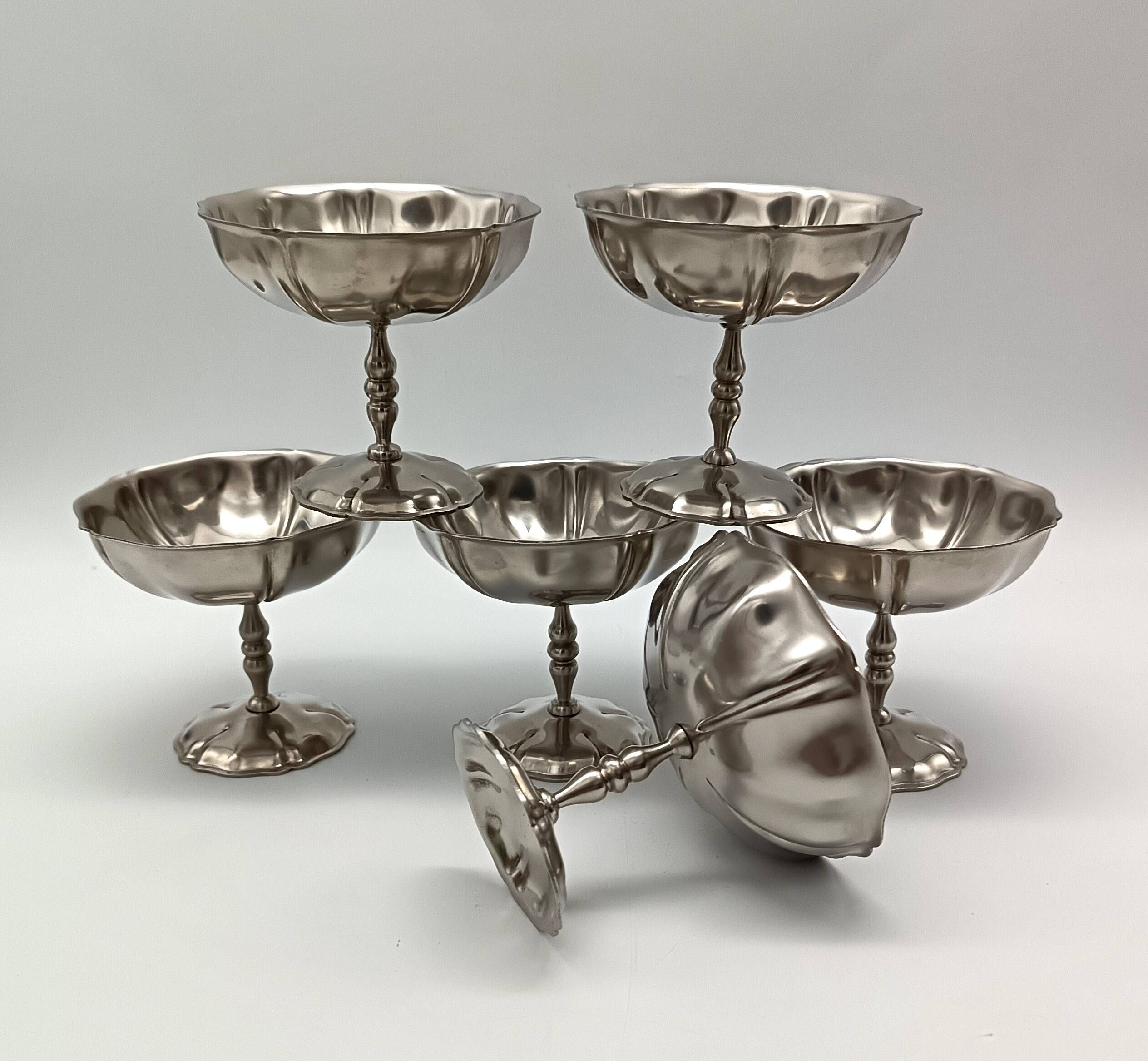 6 STAINLESS STEEL ICE CREAM CUPS, vintage, Le Grün Du vert Orfèvres